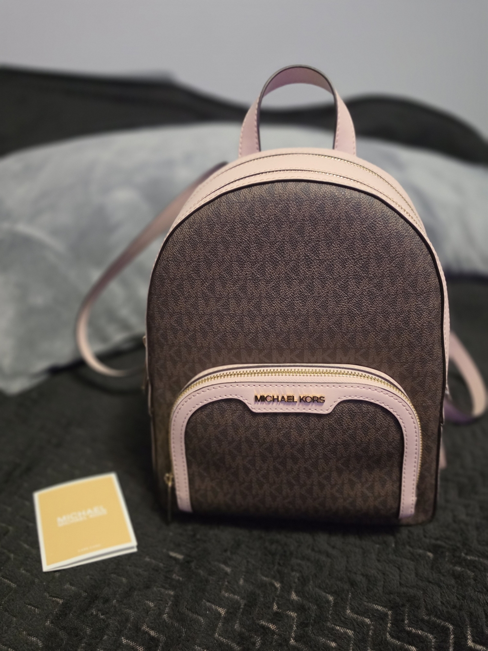 Michael Kors Pink Trim Brown Logo Mini Backpack